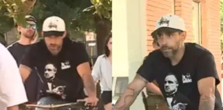 Jorge Valdivia llega en bicicleta a votar en Lo Barnechea con su hijo.