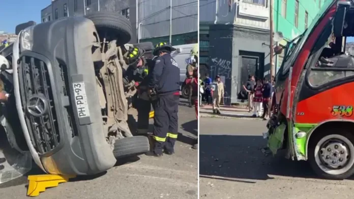 Colisión en Valparaíso: furgón volcado tras ignorar señal de tránsito.