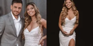 Verónica Bianchi deslumbra en gala del fútbol con un elegante vestido blanco.