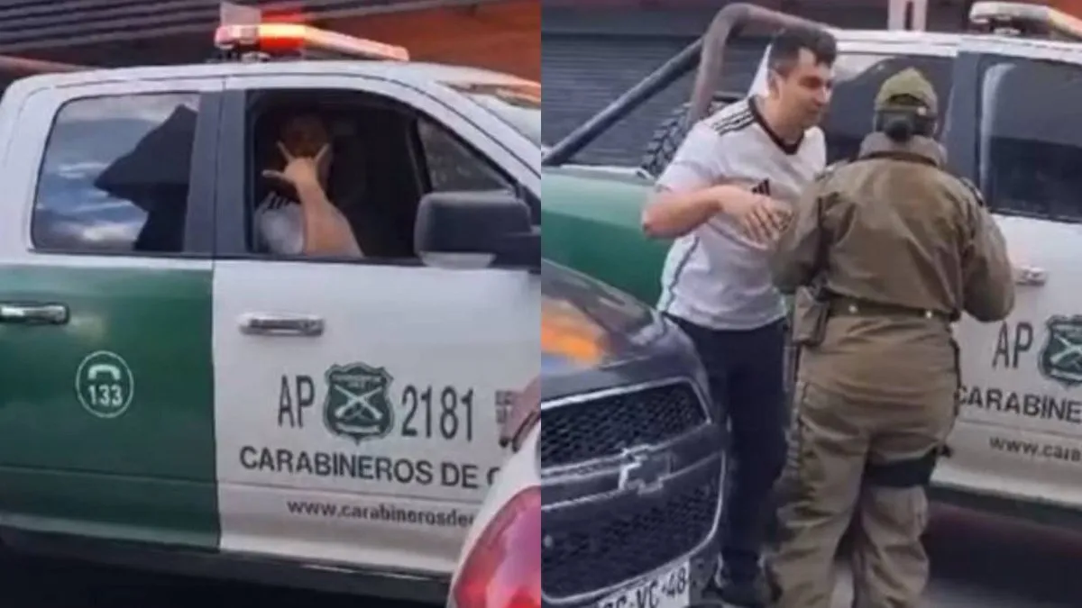 Un carabinero ebrio intenta subir a su patrulla tras la celebración de Colo Colo.