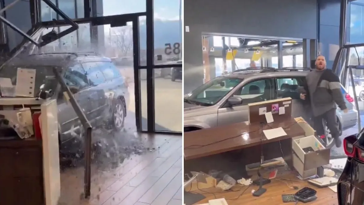 Un hombre furioso choca su auto nuevo contra la tienda donde lo compró en EEUU.