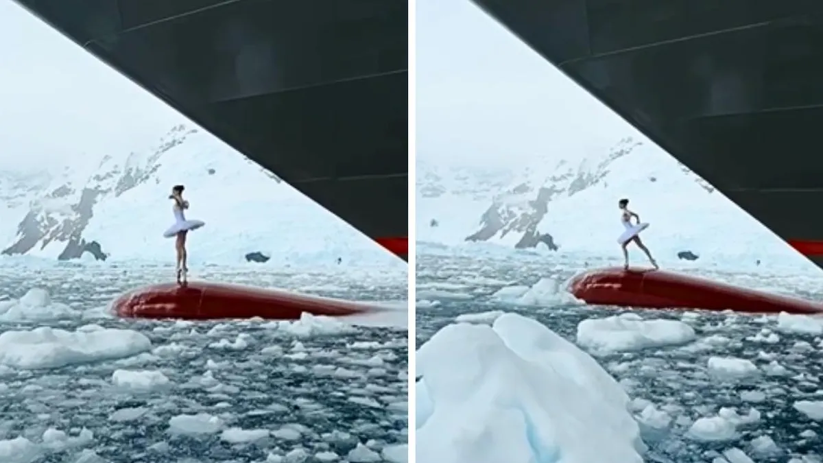 Bailarina francesa deslumbra con su danza en el blanco paisaje antártico.