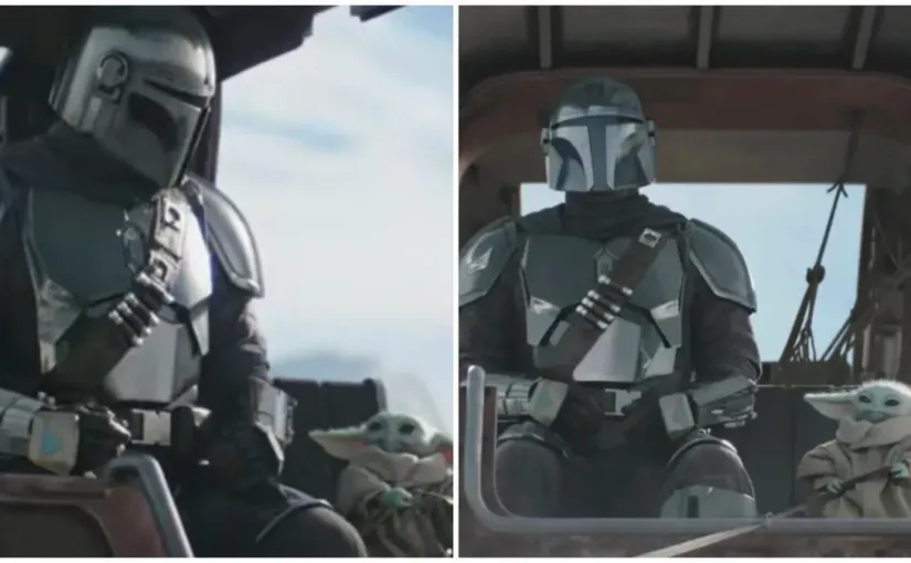 Adelanto de 'The Mandalorian and Grogu': Din y Grogu en un carruaje en la nieve.